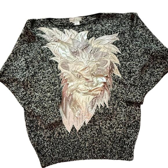 Nannell Vintage Lion Applique Metallic Knit Sweater Black & Silver Size L - Picture 4 of 7
